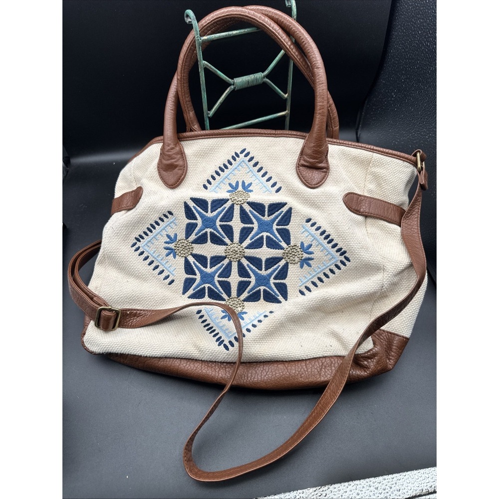 VTG T Shirt & Jeans Purse Tote Bag Boho Canvas Vegan Leather Tan Blue Western